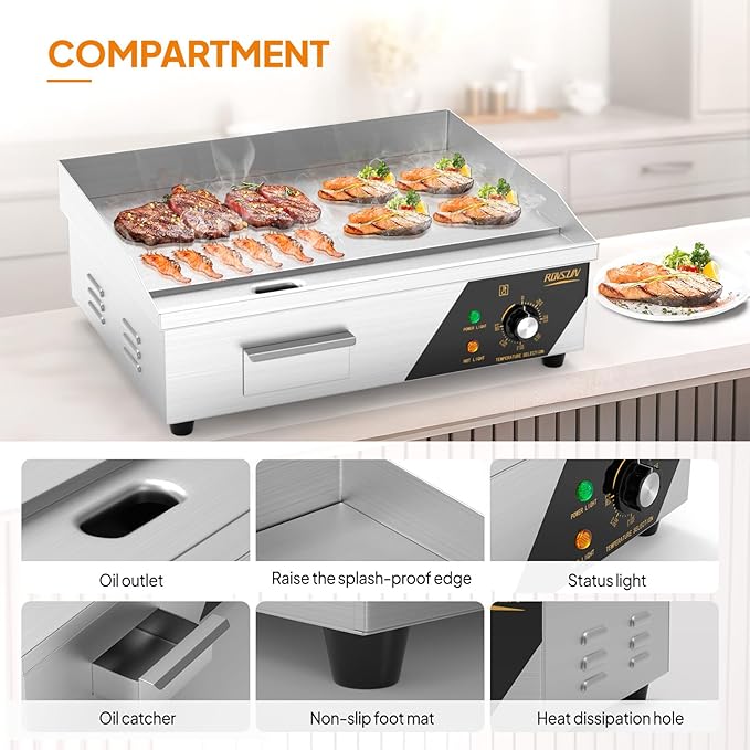 ROVSUN 22" Electric Countertop Flat Top Griddle, 1600W Electric Griddle, Teppanyaki Grill Stainless Steel with Adjustable Temperature Control 122째F-572째F for Home Restaurant Commercial