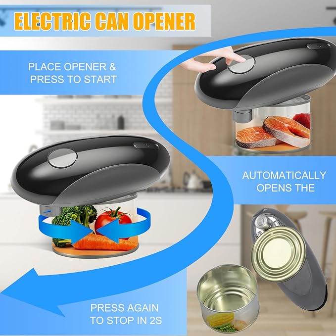 Electric Can Opener,Auto Can Opener,One-Touch Can Opener,Smooth Edge,Hands Free,Food Safety,Automatic Kitchen Gadget,Battery Operated,Opens Almost Any Cans