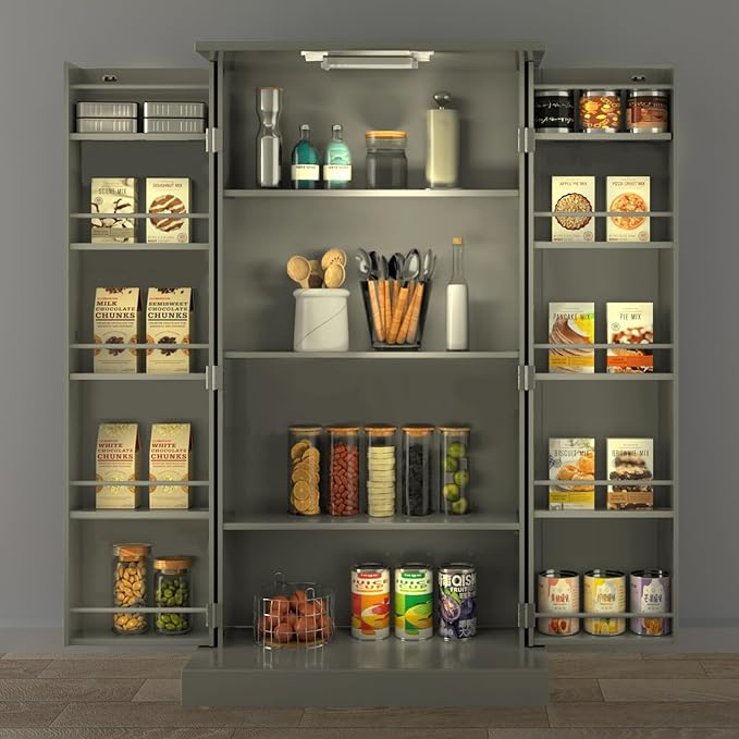 50" LED Kitchen Pantry Cabinet Grey Storage Cabinet Food Pantry with Doors and Adjustable Shelves Freestanding Buffet Cupboards Sideboard for Kitchen Living Room and Dinning Room