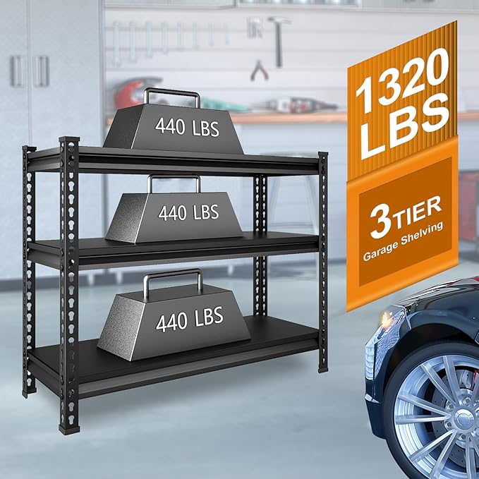 3-Tier Garage Shelving Heavy Duty,40?쓂 x 18?쒭 x 36?쒱 Metal Shelving Unit竊?320 lbs Weight Capacity Adjustable Storage Shelves for Retiple Tanks, Aquariums, Pantry, Garage竊똁lack