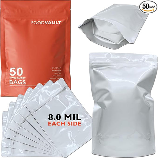 2 Quart Mylar Bags, 8 Mil per Side, Stand-Up Vacuum Seal Bag for Long-Term Food Storage, Dehydrated Meals [50-Pack | 8" x 12" x 4"]