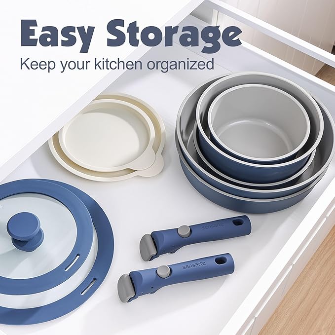 SENSARTE 24 Piece Ceramic Pots and Pans Set, Nonstick Detachable Handle Cookware, Induction Kitchen Cookware Set with Removable Handle, Healthy Non Stick for RV, Dishwasher竊냀ven Safe, PFOA Free (Navy)