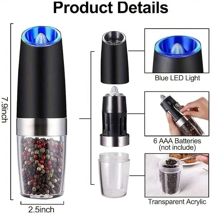 Gravity Electric Salt and Pepper Grinder Set - 2 Pack Automatic Mills with Adjustable Coarseness, LED Light, Battery Powered, One-Handed Use (Black) (Black+Black (Includes Cleaning Brush))
