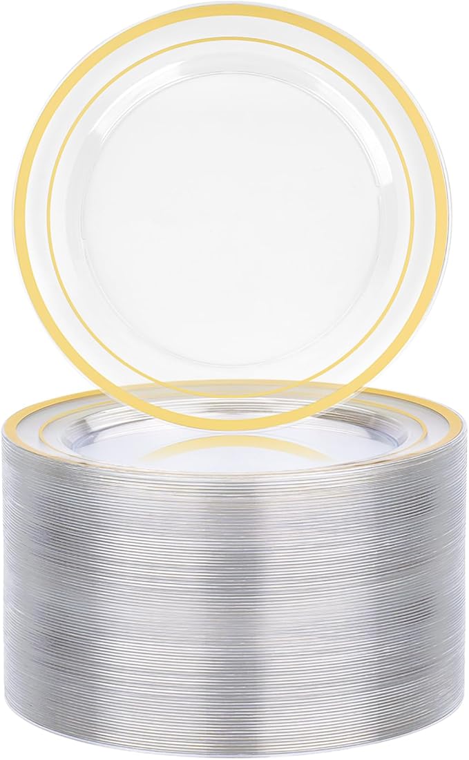 BESTVIP 100PCS 7 Inch Clear Plastic Dessert Plates, Disposable Salad Plate with Gold Rim, Heavy Duty Plastic Small Cakes Plates for Party, Wedding and Birthday, Christmas, Thanksgiving, Events