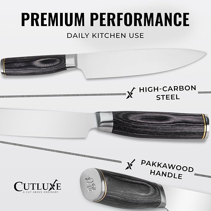 Cutluxe Chef Knife ??Ultra Sharp 8" Japanese Kitchen Knife, High Carbon Stainless Steel Blade, Full Tang Pakkawood Handle ??Shinobi Series