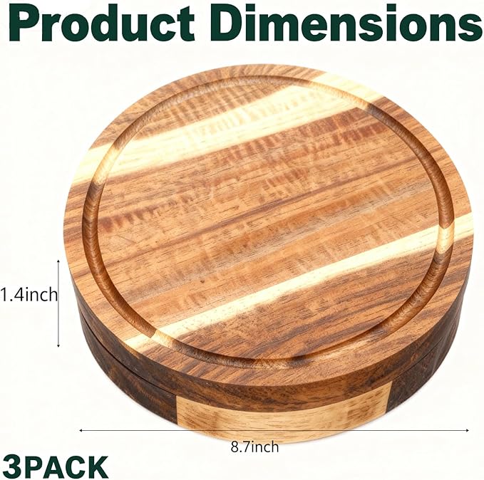 Garvee 3 Pack Mini Charcuterie Boards 7.7" Round Wood Cheese Board Set with Knife & Fork, Thank You Gift Box for Guest Bridal, Baby Shower - Acacia Wood