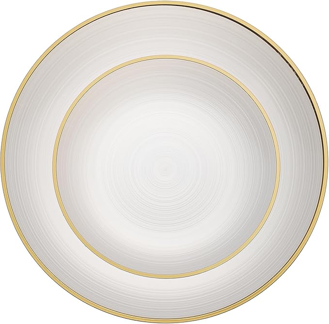 PLASTICPRO 32 Pieces Crystal Design Plastic Plates Combo Pack 7 inch and 10 inch Gold Rim Elegant Disposable Plates, Pearl White