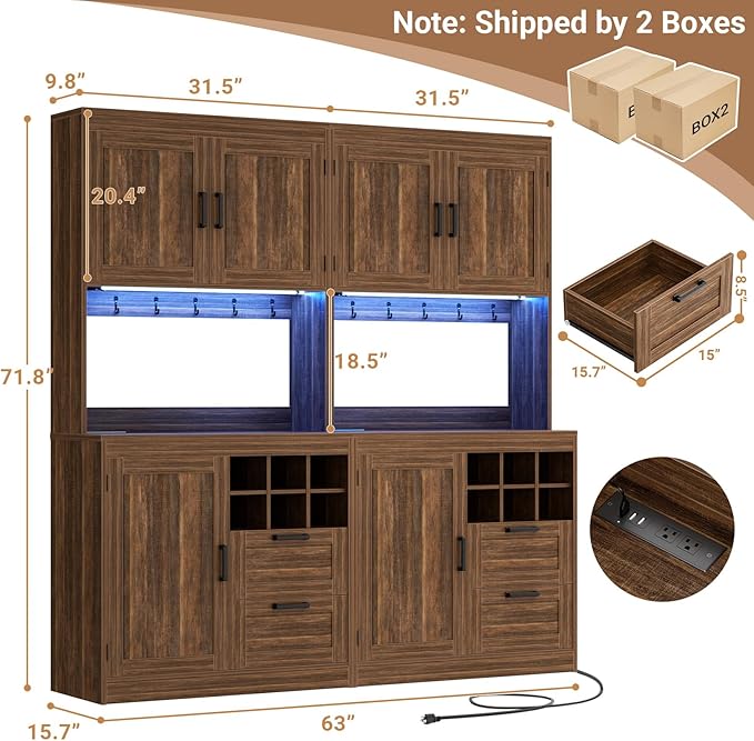 Unikito 72" Tall Kitchen Pantry Cabinet with LED Light & Outlet, 63" Wide Kitchen Hutch Bar with Microwave Stand, Drawers, Wine Racks and Storage Shelves, Cupboard for Dining Room, Weathered Brown
