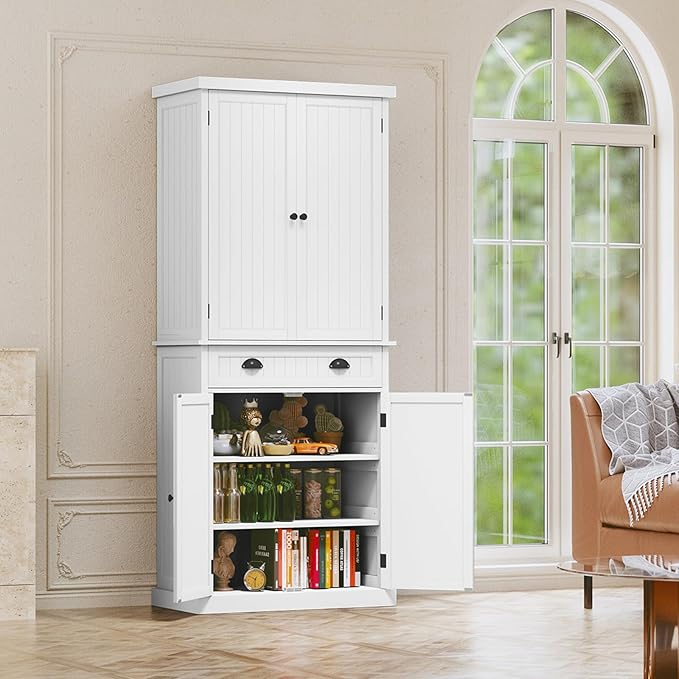 ARTPOWER 72" Pantry Storage Cabinet with Drawer, Freestanding Tall Cupboard Storage Cabinet, Utility Pantry with Door Shelves and 2 Adjustable Shelves for Kitchen, Dining Room,Living Room, White