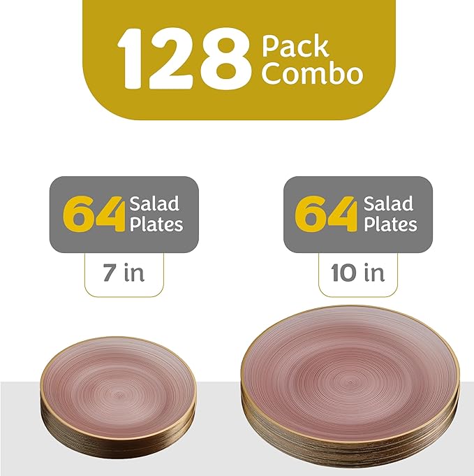 PLASTICPRO 128 Pieces Crystal Design Plastic Plates Combo Pack 64-7 inch and 64-10 inch Elegant Disposable Plates, Rose Color With Gold Rim