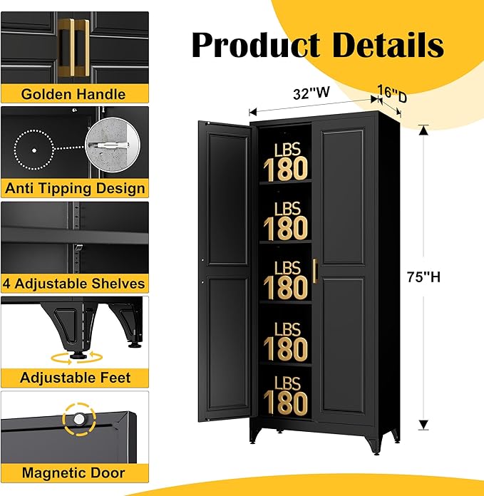 Kitchen Pantry Cabinet,75?쒫lack Metal Storage Cabinets with Doors and 4 Adjustable Shelves,Kitchen Cabinet with 2 Gold Handles,Tall Cabinet for Livingroom, Bathroom