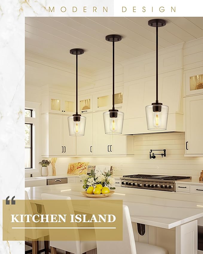 Black Pendant Lights Kitchen Island, 6" Hanging Lights Fixtures with Clear Glass Shade, Modern Kitchen Pendant Lighting Over Island for Dining Room, AD-22004-1P-BK-C