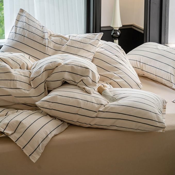 Striped Comforter Set Twin XL Size Grey Stripes Pattern Printed Comforter 3 Pieces Lightweight Boho Bedding Comforter Set for All Seasons Breathable Soft Fluffy Beige Comforter with 2 Pillowcases