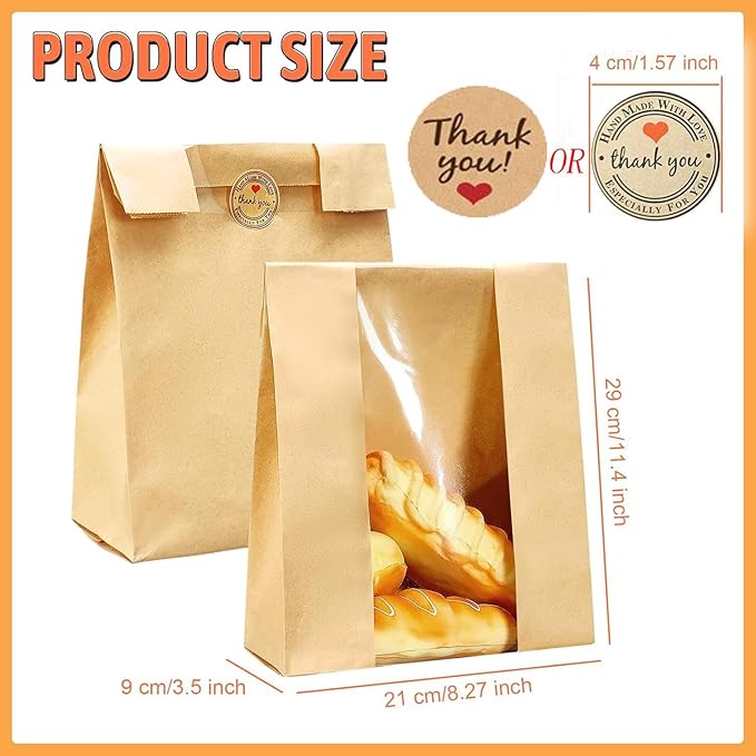 Larger 50 Pack Kraft Sourdough Bread Bags,50% Thicker Bread Bags for Homemade Bread,Pper Bakery Bags with Clear Window, Baked Food Packaging Storage,Bread Bags with Sealing Stickers(13.7x8.2x3.7 inch)