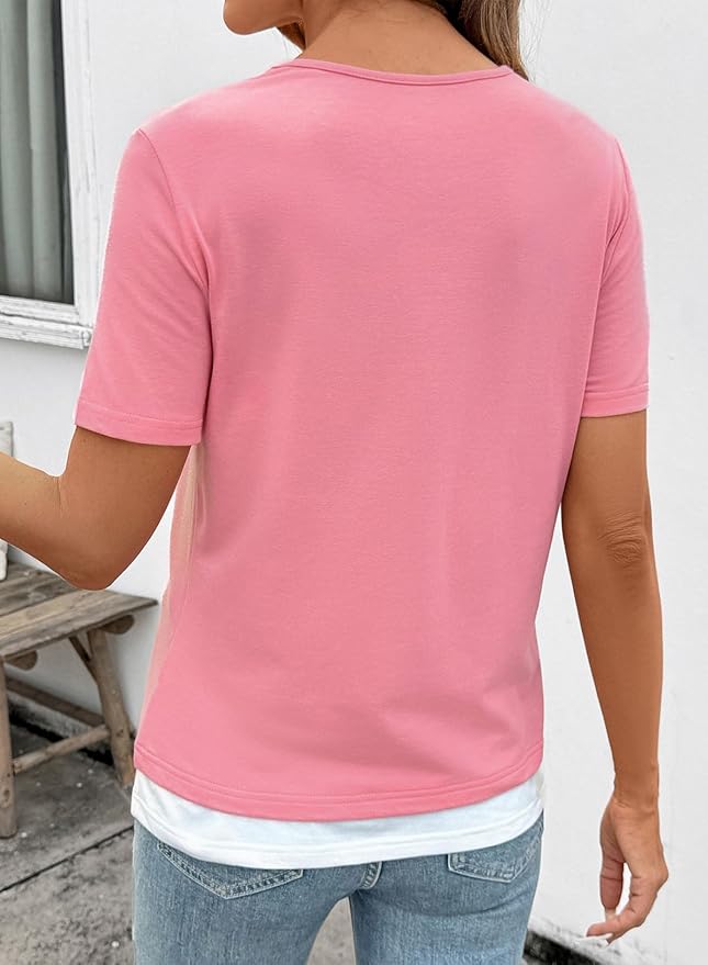 SHEWIN Womens Tops Casual Crewneck Color Block Short Sleeve Mock Double Layer T-Shirt Summer Outfits for Women 2026