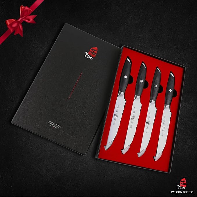 TUO Steak Knives - 4 Piece Steak Knife Set, Serrated Edge Steak Knives 5 inch Kitchen Knife - German High Carbon Stainless - Full Tang Pakkawood Handle - Falcon Series with Gift Box