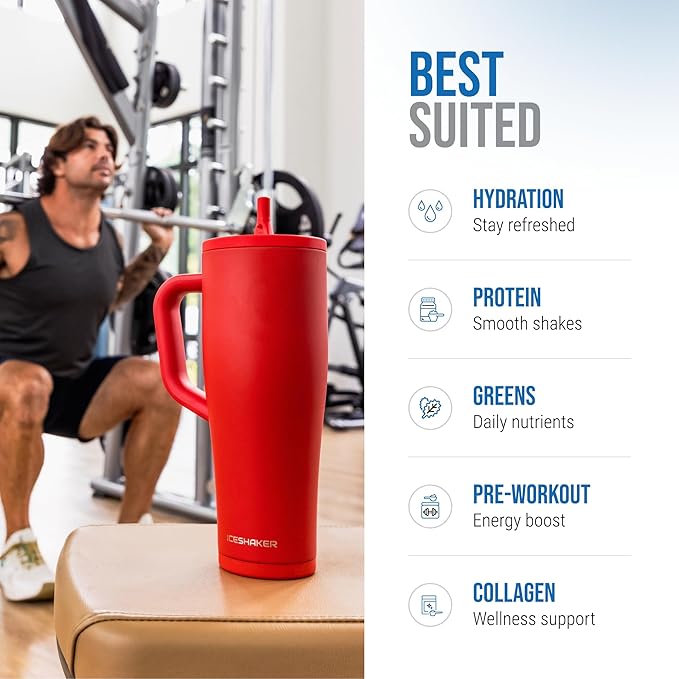 Ice Shaker 40 oz Tumbler with Handle and Straw | 40oz Red | Cold for 30+ Hours | 2-in-1 Tumbler Shaker Bottle | Odor-Free 40 ounce Bottle for Water, Protein Shakes, Smoothies, Cocktails