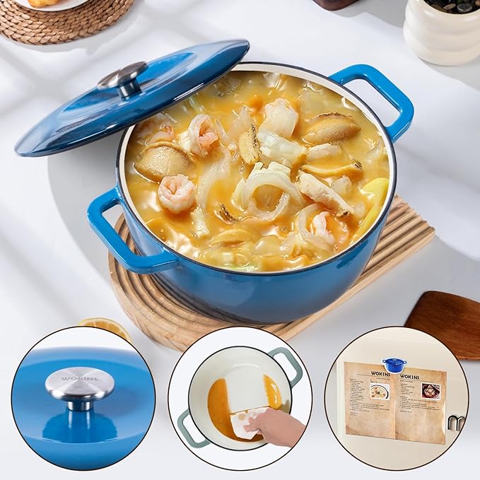 Enamel Cast Iron Dutch Oven with Lid,Dual Handles,Heavy-Duty Cookware for Sourdough Bread Baking,Braising,Stews,Roasting,Oven Safe up to 500째 F,5QT,blue