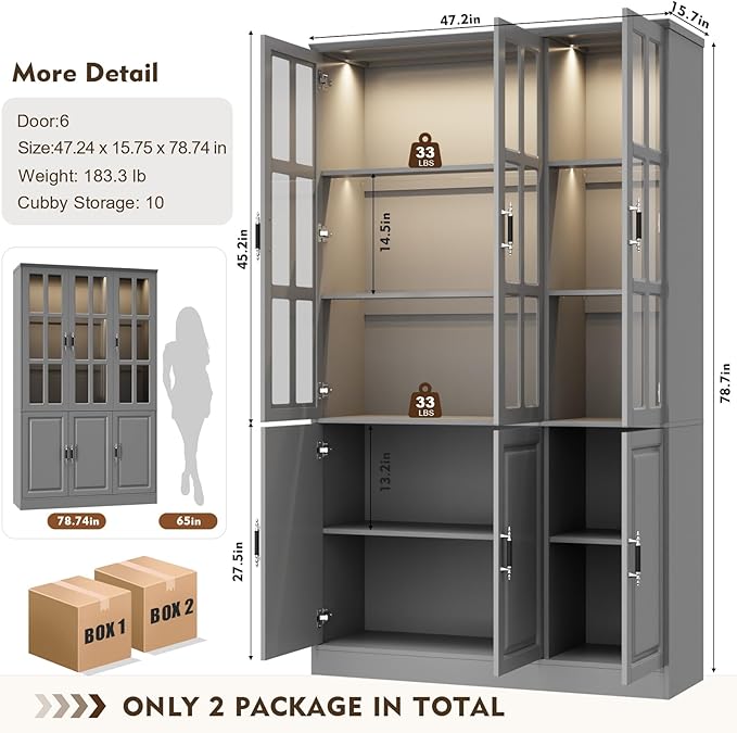 MEISSALIVVE 78.7" Tall Pantry Cabinet with LED Lights, Freestanding Kitchen Pantry with Glass Doors, Large Food Storage Cabinet, Grey (47.2" W x 15.7" D)