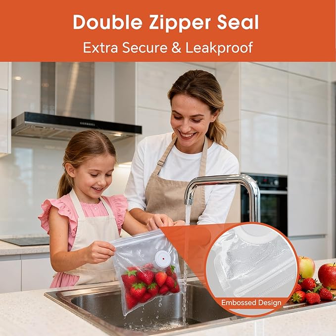 Reusable Vacuum Sealer Bags (42 Bags + 7 Clips), BPA-Free Vacuum Zipper Bags in 3 Sizes (8.7"x8.3", 10.2"x11", 11.8"x13.4") for Food Storage, Freezer & Sous Vide, Compatible with Food Saver