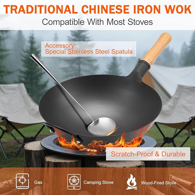 WANGYUANJI Iron Wok, 14.17 inch Traditional Round-Bottom Wok, Chef?셲 Professional Stir-Fry Pan with Wooden Handle, Chemical-Free Iron Wok for Gas Stoves and Round-Bottom Induction Stovetop