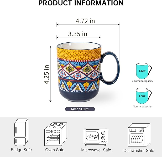 HENXFEN LEAD Boho Ceramic Coffee Mugs Set of 6 ??14 oz Porcelain Cups for Latte, Cappuccino, Tea & Cocoa ??Microwave & Dishwasher Safe