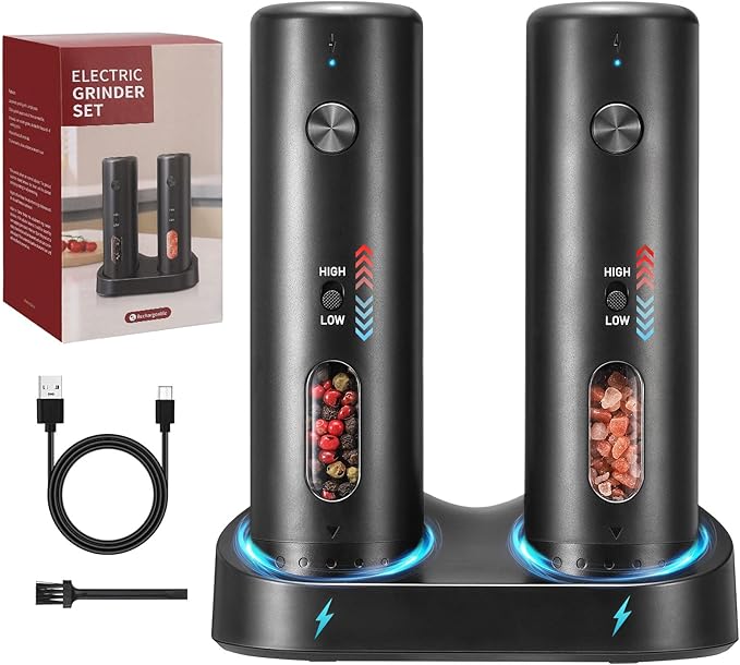 Rechargeable Salt Grinder Set Top-Refill Electric Grinders with Variable Grinding Speed, External Adjustable Coarseness, Black