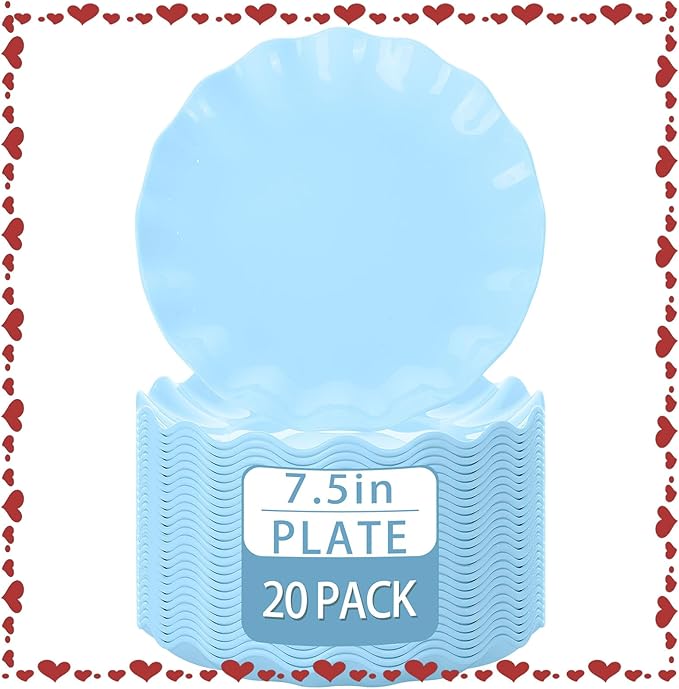 LIYH 20 Pcs Light Blue Plastic Plates Reusable 7.5 Inch - Unbreakable Scalloped Dessert Plates for Weddings Camping Party Outdoor Picnics Dishwasher Safe BPA Free (20Guests)