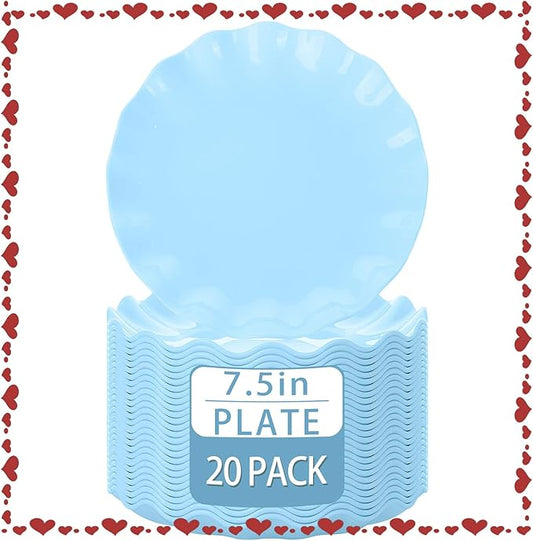 LIYH 20 Pcs Light Blue Plastic Plates Reusable 7.5 Inch - Unbreakable Scalloped Dessert Plates for Weddings Camping Party Outdoor Picnics Dishwasher Safe BPA Free (20Guests)