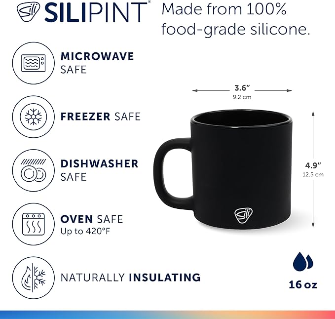 Silipint 16oz Silicone Coffee Mug ??Unbreakable Dishwasher Safe Microwave Oven & Freezer Compatible Travel Mug ??Non-Toxic Reusable Cup for Hot Coffee Tea or Cold Drinks (Classic Black)