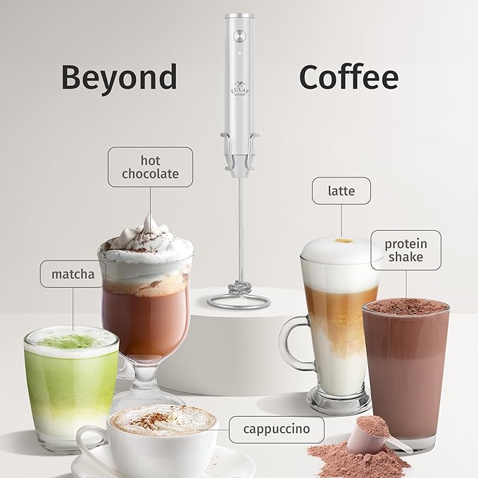 Zulay Kitchen Lux Electric Milk Frother Rechargeable Handheld - Powerful 2-Speed Motor, Waterproof, 2000mAh Battery - Drink Mixer for Latte, Cappuccino, Matcha & Protein Powder - Snow White