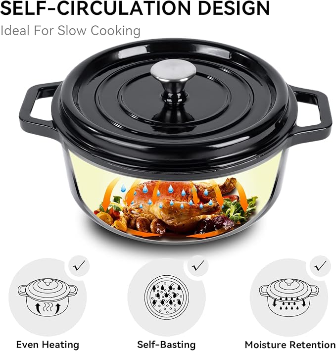 Miereirl 6.5 Quart Enameled Dutch Oven Pot with Lid, Cast Iron Dutch Oven with Dual Handles for Bread Baking, Cooking, Non-stick Enamel Coated Cookware (Black)