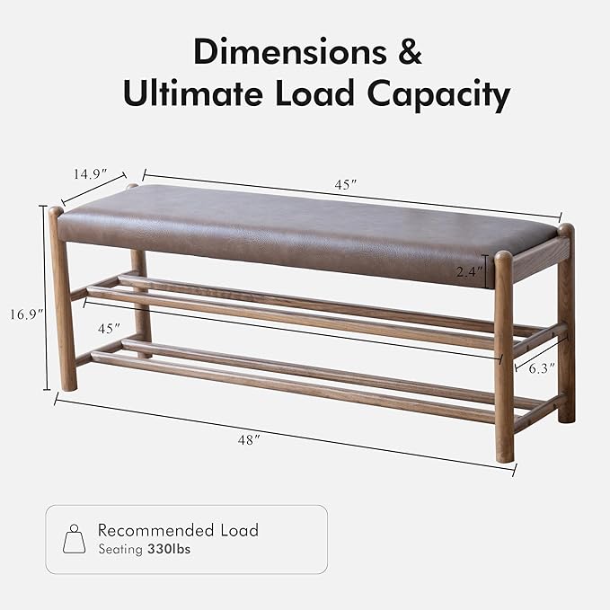 XINNAN Solid Wood Entryway Bench with Shoe Storage, Rustic Oak Wood and PU Leather 45 Inch Long Seating for Living and Dining Rooms, 3-Tier Brown
