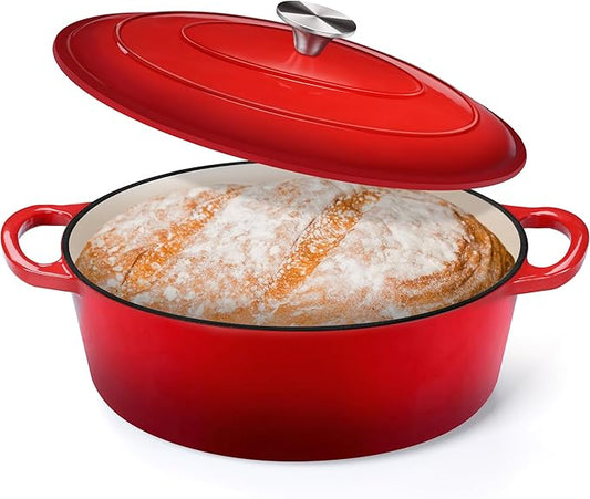 P&P CHEF Oval Dutch Oven with Lid, Enameled Cast Dutch Oven Pot for Bread Baking, Braising, Stewing, Roasting, Non-Stick & Oven Safe, Dual Handles & Easy Clean, 5QT & Red