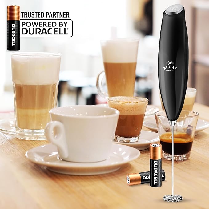 Zulay Kitchen Milk Frother Handheld Electric Whisk with AA Duracell Batteries ??Durable Drink Mixer for Coffee, Lattes, Cappuccinos & More - Metallic Black
