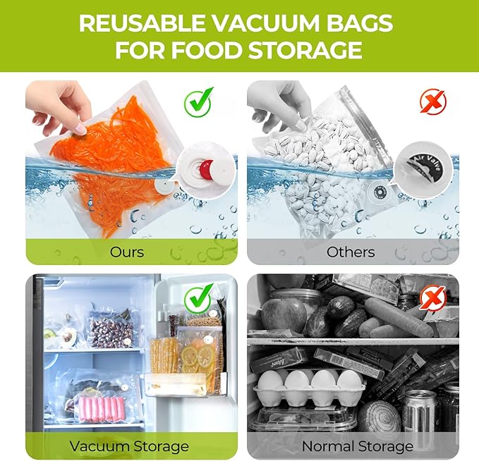 Reusable Vacuum Sealer Bags for Food with Air Valve, 50 Pack BPA?멑ree Food Saver Bags Dishwasher?멣afe, Freezer,Microwave, Odor-Resistant, Leak?몆roof for Leftovers, Meal Prep, Sous Vide, BBQ