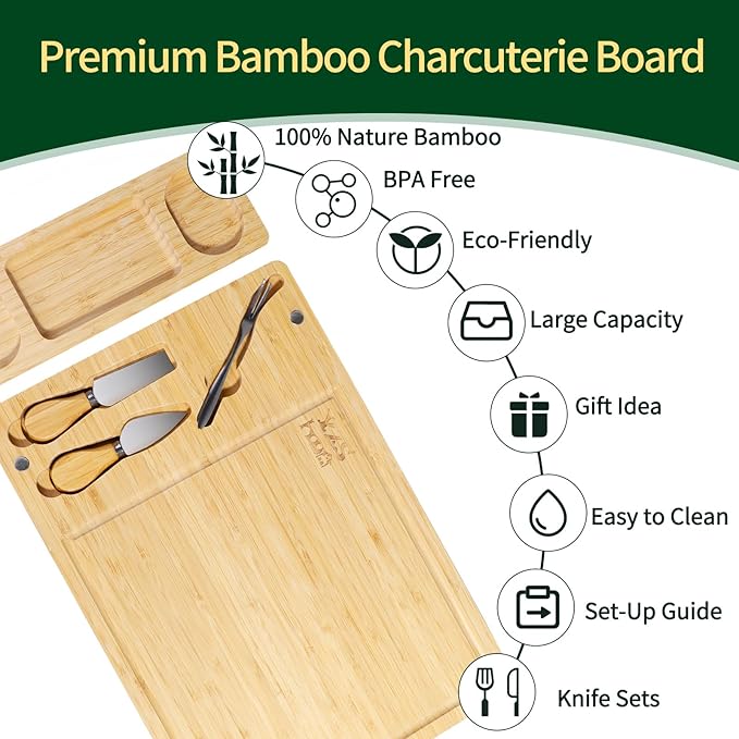 Premium Bamboo Charcuterie/Cheese Board Set ??Wooden Serving Tray with Hidden Knife Storage ??Cheese Knives & Forks - Perfect Bridal Shower, Housewarming, Anniversary, Mother's Day Gifts