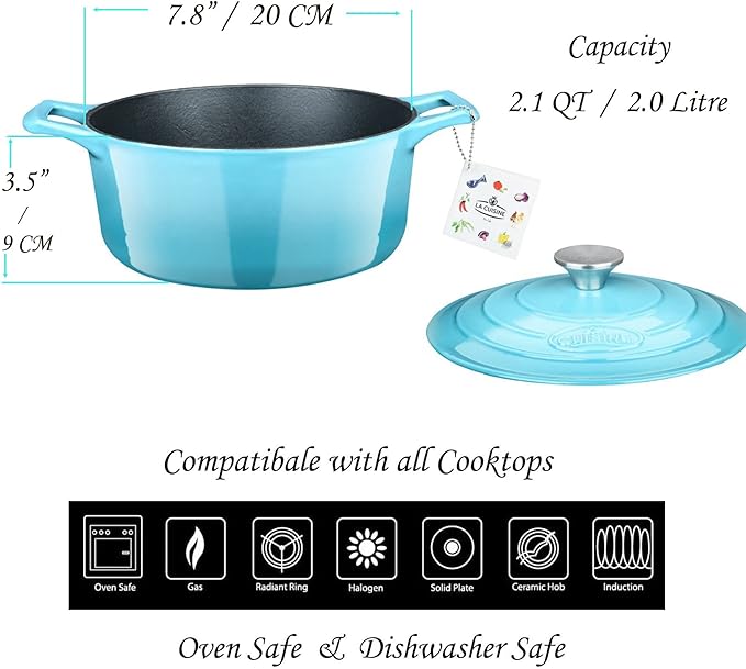 La Cuisine Enameled Cast Iron Dutch Oven Casserole Dish Pot with Lid, 2.1 QT 7.8" /20cm Dia. Internal Matte Black Enamel Coating, 2-tone Teal Enamel Exterior, Oven Safe up to 500째 F for bread baking