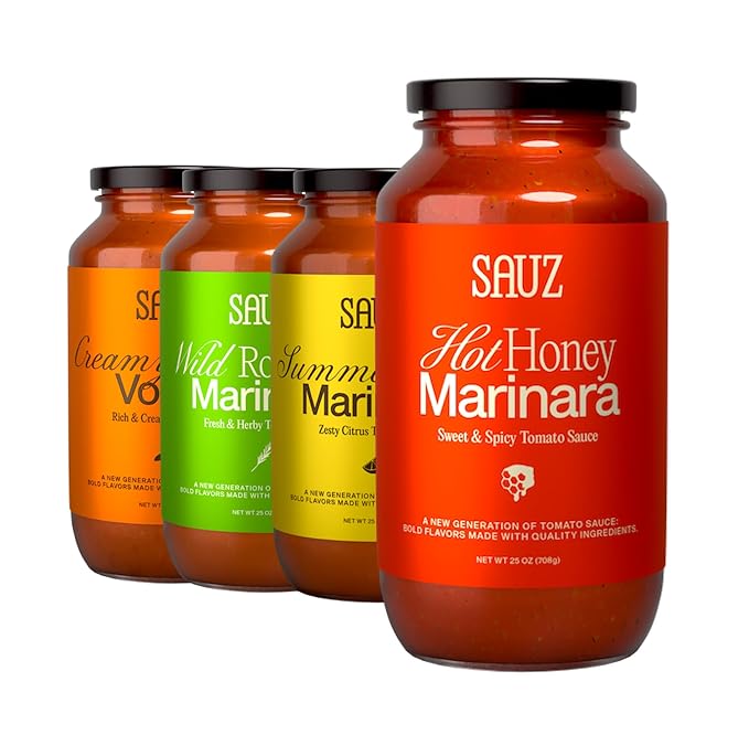Sauz | Variety Pack, 25 Oz Jars (4-Pack), Includes Hot Honey Marinara, Creamy Calabrian Vodka, Wild Rosemary, Summer Lemon, Gluten-Free, Non-GMO, Multi-Use, Clean Ingredients ??Small Batch Craft Sauces
