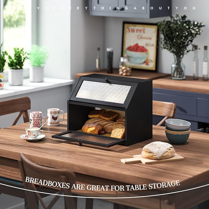 Bread Box for Kitchen Countertop Bin Double Layer Bread Box Storage Container Extra Large Capacity Farmhouse with Diamond Pattern Windows (Black, Large)