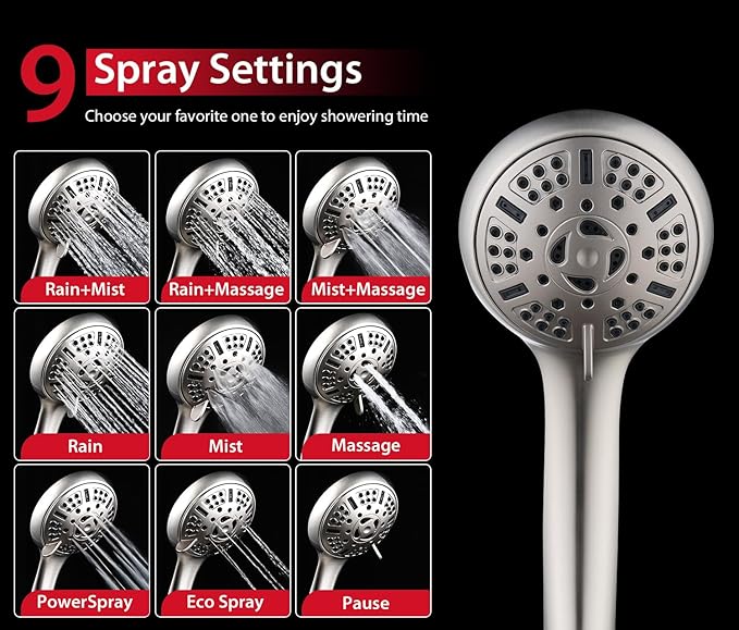 GRICH High Pressure Shower Head, Shower Heads with 9 Modes Handheld Spray Combo, 2 in 1 Rain Shower Head with Handheld Spray with 60" Hose, Adjustable Dual Showerhead with Anti-Clog Nozzles, Nickel