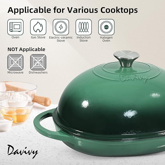 Davivy 6QT Oval Bread Dutch Oven with Domed Lid, Enameled Cast Iron Dutch Oven for Sourdough Bread Baking 6QT, Oval Cast Iron Sourdough Bread Pan with Lid - Forest Green