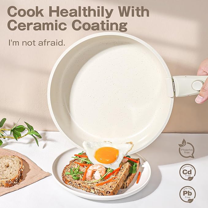 GiPP Ceramic Pots and Pans Set Non Stick, Nonstick Detachable Handle Cookware Sets, Non Toxic Induction Kitchen Pot and Pan with Removable Handle, Healthy RV Cookware, Dishwasher 竊냀ven Safe, 7 Piece