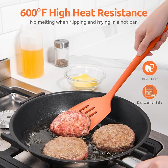 600쨘F Heat Resistant Slotted Turner: U-Taste 13.6in Silicone Kitchen Spatula Flipper, 3.74in Wide Food Grade Flexible Thin Rubber Cooking Utensil for Egg, Pancake, Cookie in Nonstick Cookware (Orange)