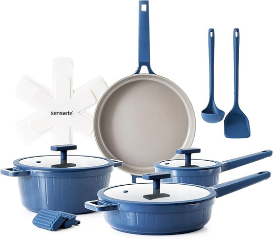 SENSARTE Ceramic Cookware Set Non-toxic 14 Pcs, Nonstick Pots and Pans Set, Dishwasher Safe Induction Cookware, Healthy Kitchen Cooking Set, PFOA/PFAS/PTFE Free