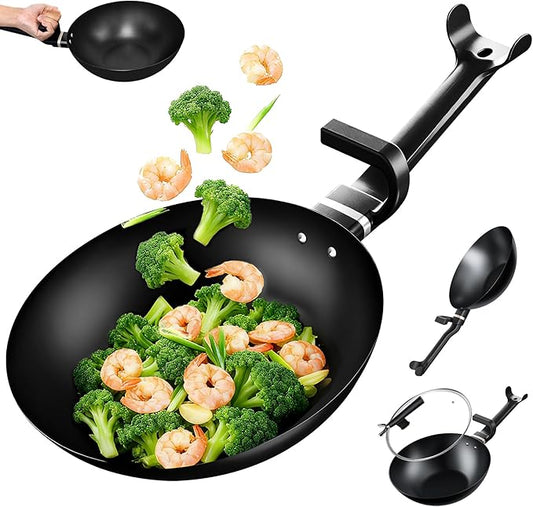 Carbon Steel Wok Pan, Non-stick saut챕 pan,13 Inch Woks & Stir-fry Pans Nonstick with Ergonomic Handle, Cookware, Pots and Pans,Versatile Bottom Chinese Woks for All Stoves