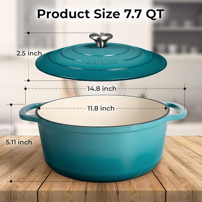 Zulay Kitchen 7.7 Quart Enameled Cast Iron Dutch Oven Pot with Lid ??Premium Durability & Oven Safe up to 500째F ??Heavy Duty Cookware Perfect for Bread Baking, Stews, Braising & Roasting ??Light Blue