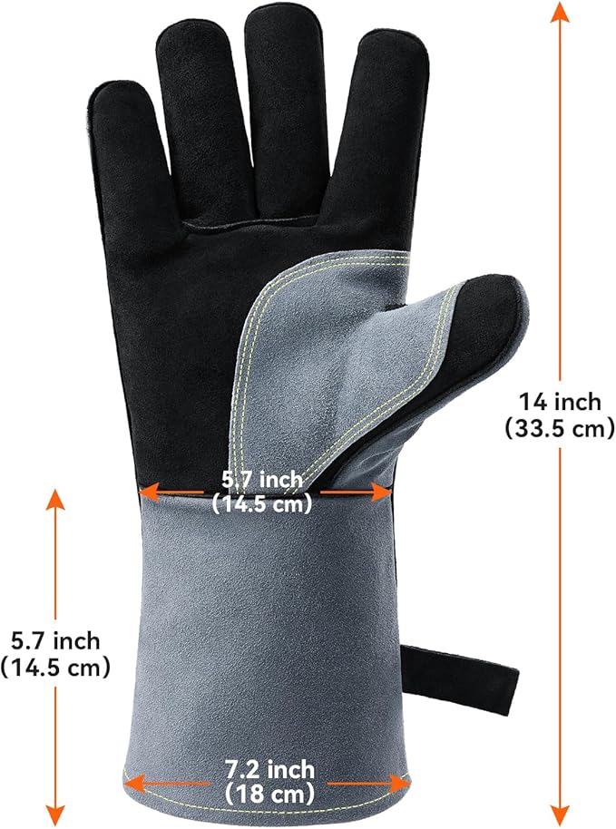 OZERO 932째F Heat Resistant Mig/Stick Welding Gloves 14 inches Cowhide Leather - Long Sleeve and Insulated Lining Barbecue Glove for Tig Welder/Grilling/Oven/Stove Black-gray