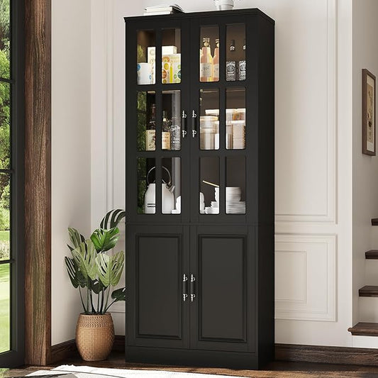 MEISSALIVVE Kitchen Pantry Storage Cabinet with LED Lights, 78.7" Tall with Glass Doors & Drawers, Freestanding Utility Cabinet, Black (31.5" W x 15.7" D)