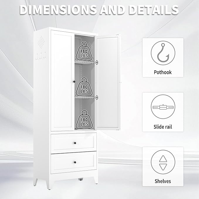 Metal Pantry Cabinet, 72 inch Tall Kitchen Pantry Cabinet, Pantry Storage Cabinet with 2 Adjustable Shelves, 2 Drawers, Utility Cupboard for Kitchen Dining Room Living Room Bathroom, White